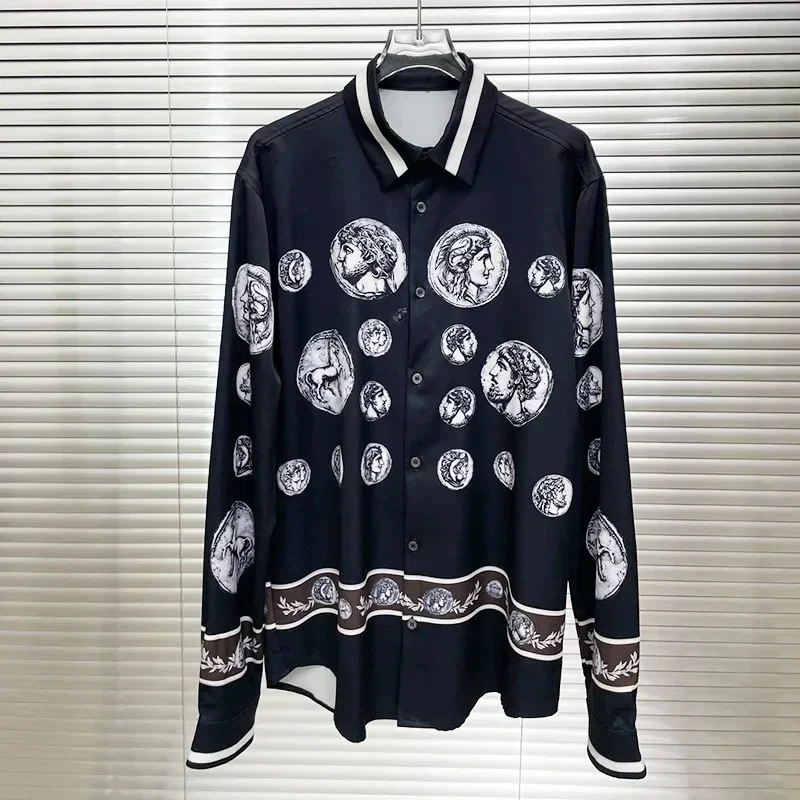 

2025 Autumn new men's shirt retro Roman character 3D printing loose long-sleeved lapel fashion casual business simple top 6XL