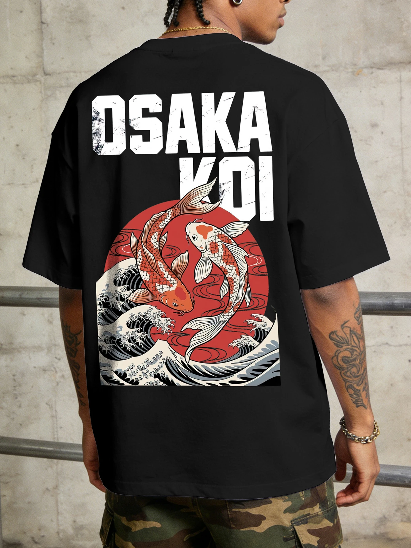Streetwear Brand Osaka - メンズ オーバーサイズ 日本のストリートウェア Tシャツ ブランド 大阪鯉魚波プリント