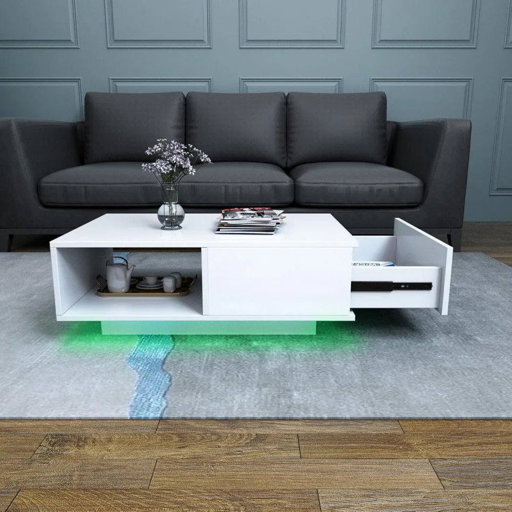 Modern white LED coffee table with drawers and 16 color LED lights, rectangular living room sofa table