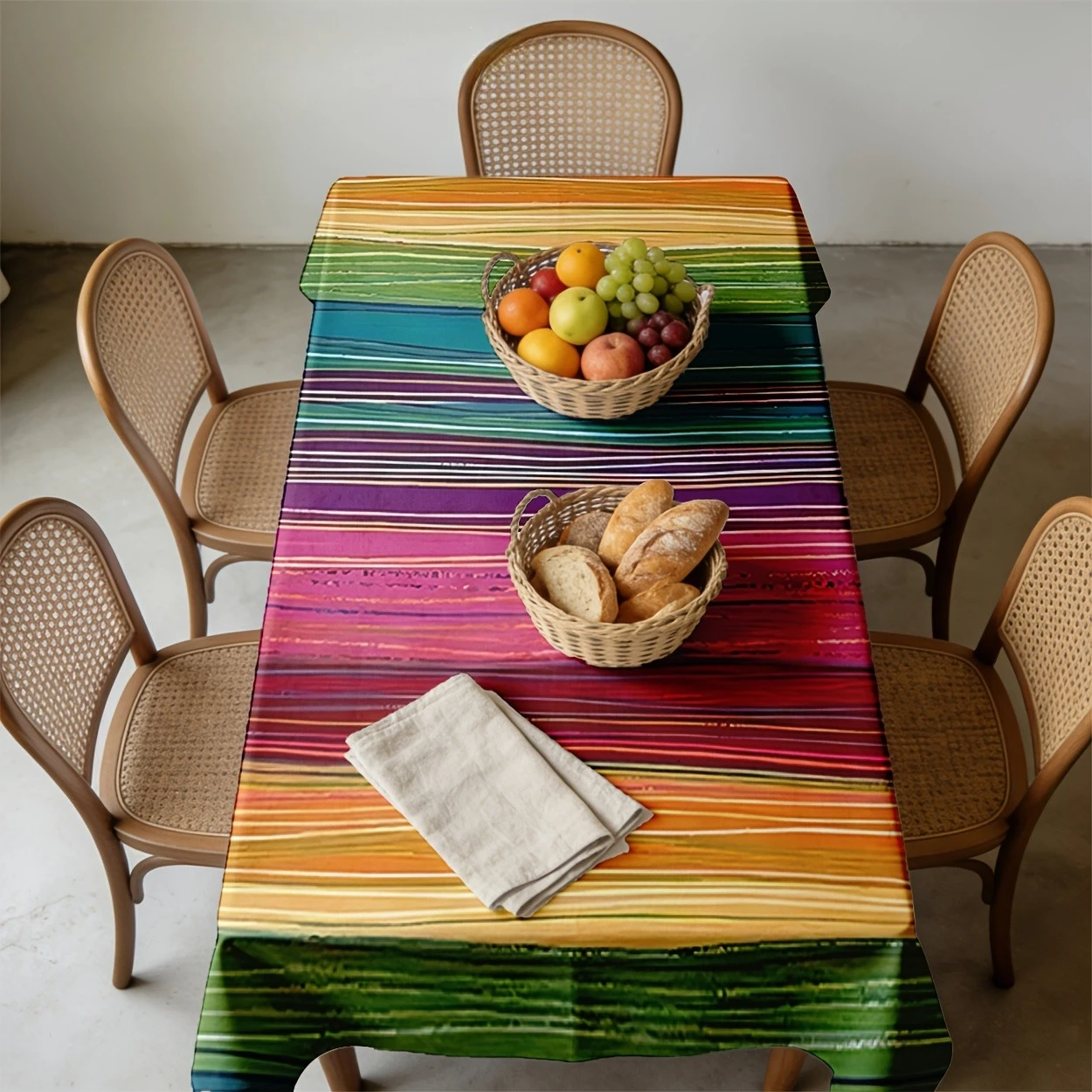 One colorful vertical striped abstract style durable tablecloth that is easy to clean. Made of polyester material.