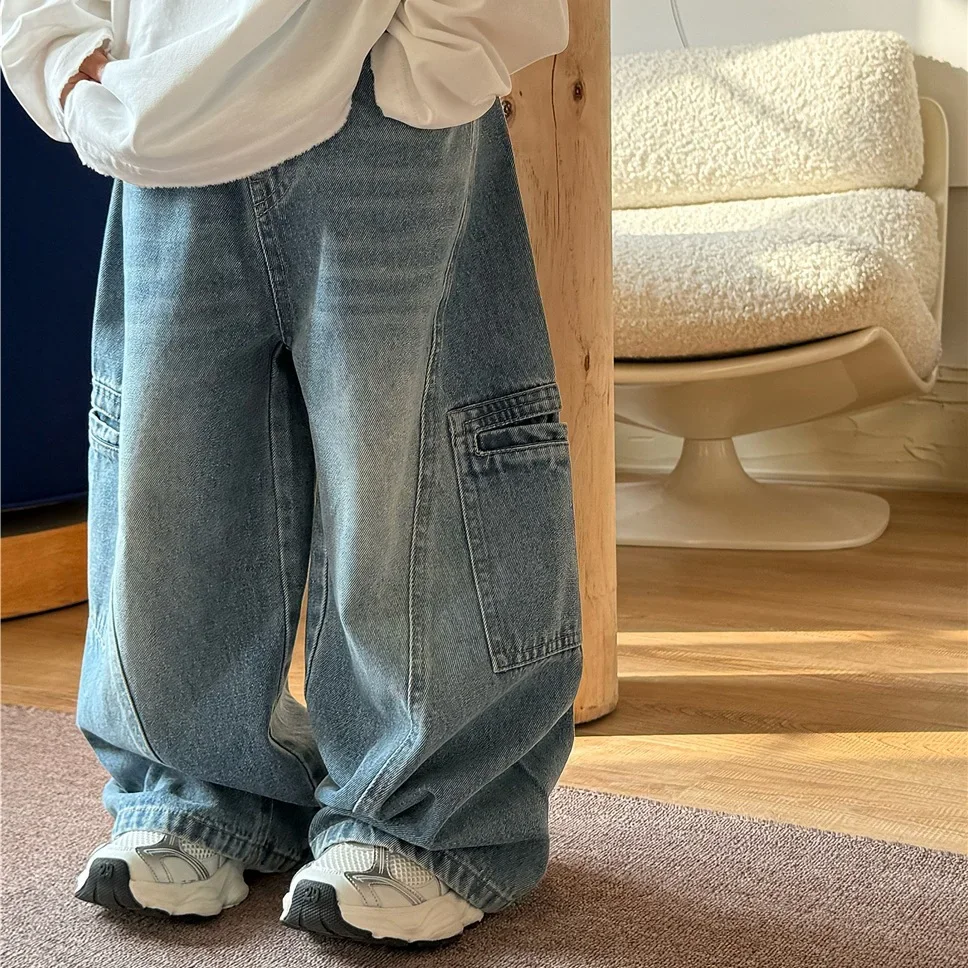

Kids Pants New 2025 Spring Fashion Korean Patchwork Jeans Cool Boy Handsome Childres Clothing Baggy Simple Style Baggy