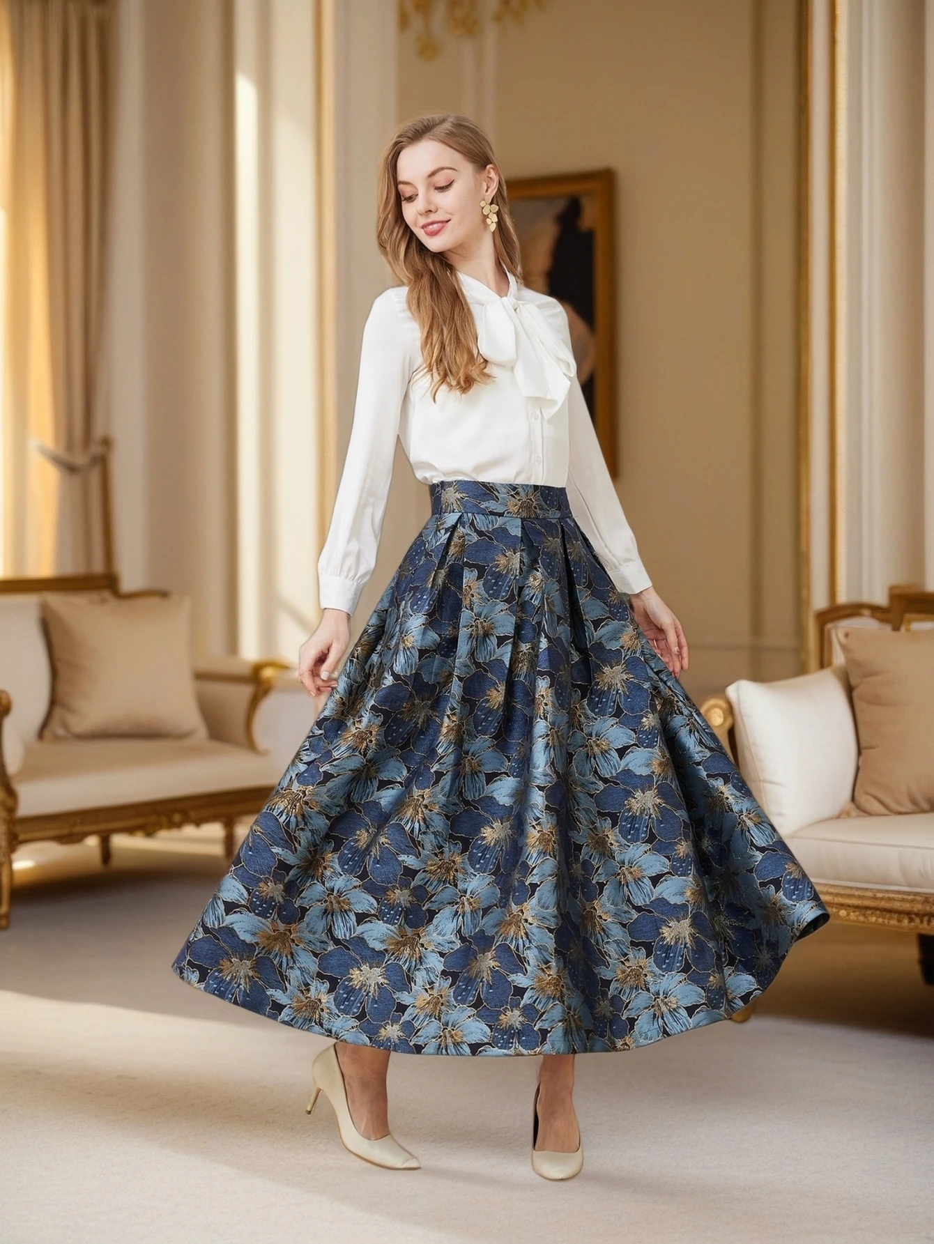 2026 Frühlings-Retro-eleganter Jacquard-Druck, ausgestellter Midirock mit hoher Taille und Taschen, schlankmachendes zweiteiliges Set für Abendbankette