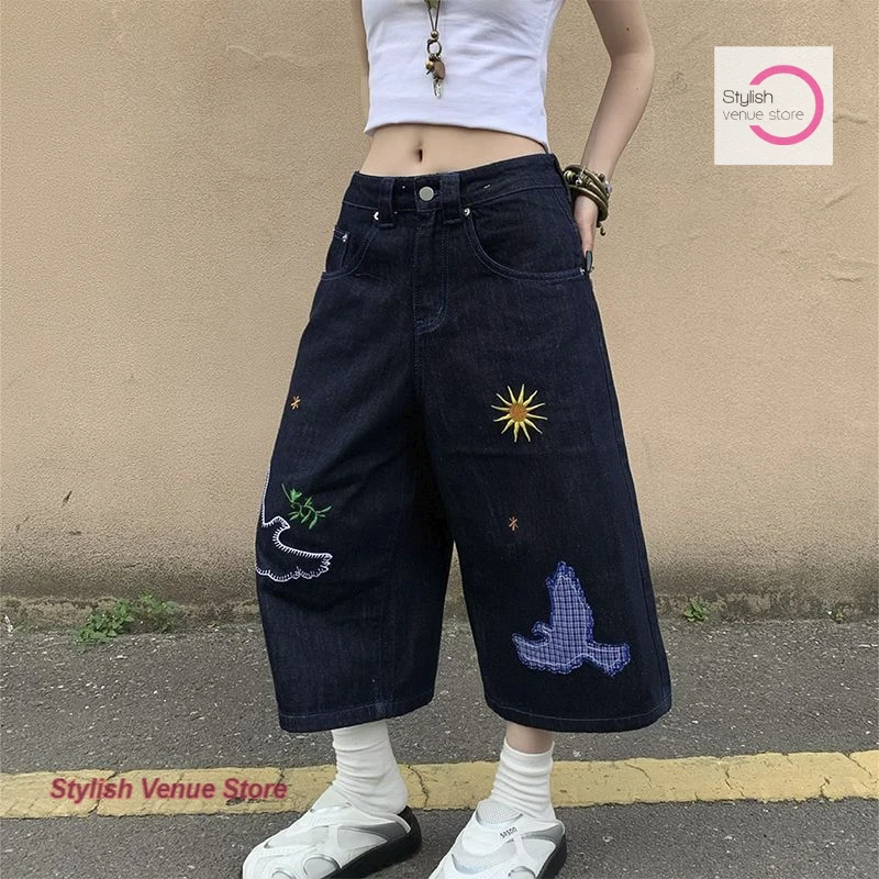American Joker Fun Embroidery Design Jeans cropped pants female American high street fashion loose casual wide-leg shorts