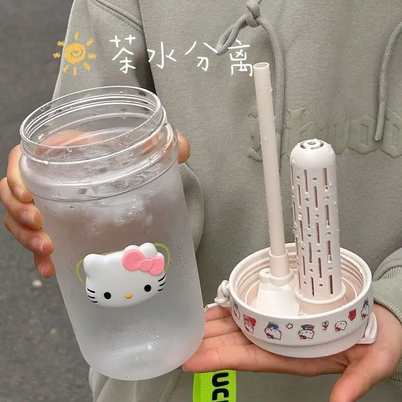 780Ml Sanrioed Anime Cartoon Hello Kittys Water Cup Ins Girly Heart Kawaii Portable Large Capacity Tea Separating Straw Cup Gift