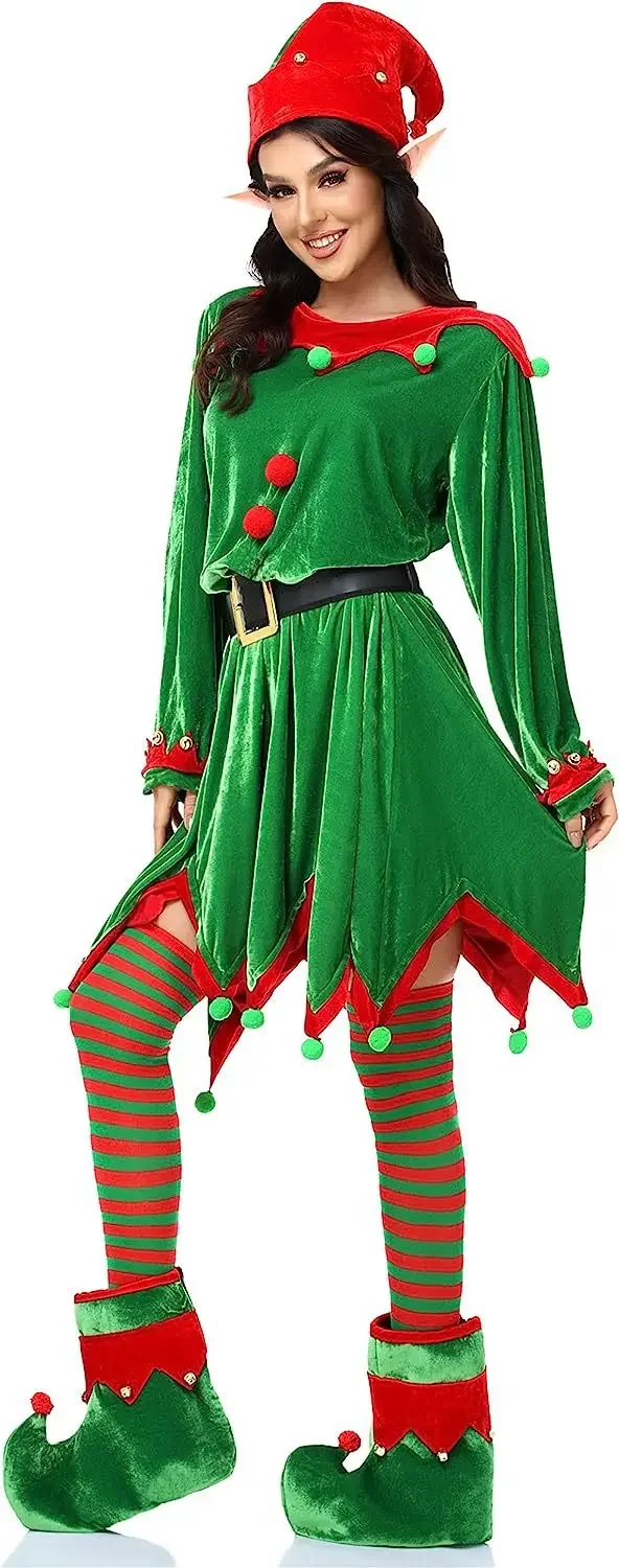 

Girls Women Christmas Elf Costume Set Including Belts Hat Striped Stockings Shoes Santa Dress