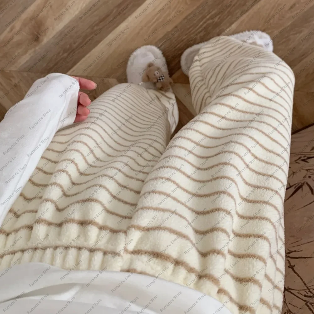 

Милые мягкие и липкие удобные пижамные штаны в полоску для женщин, теплые длинные брюки на осень и зиму, фланелевые домашние брюки