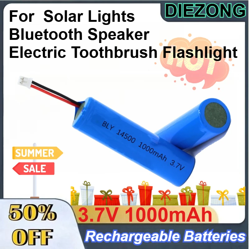 

2 Pcs 14500 Rechargeable Lithium Batteries 3.7V 1000mAh for Flashlight Solar Lights Bluetooth Speaker Electric Toothbrush