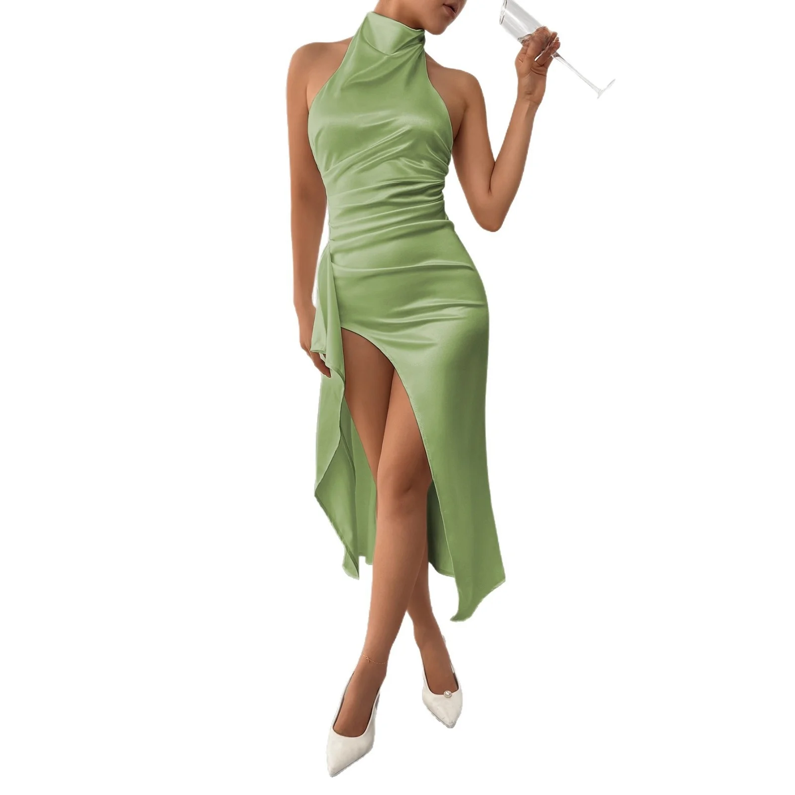 섹시한 발 미디 드레스 여성용 가을 시즌 라운드 넥 슬릿 벨티드 스커트 무지 프린트 및 염색