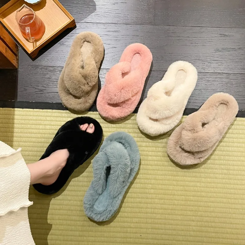 

2025 New Lovely Slides Homewear Slippers Open-toe Anti Slip Flat Plush Slippers Warm Footwear Fur Flip Flops Indoor