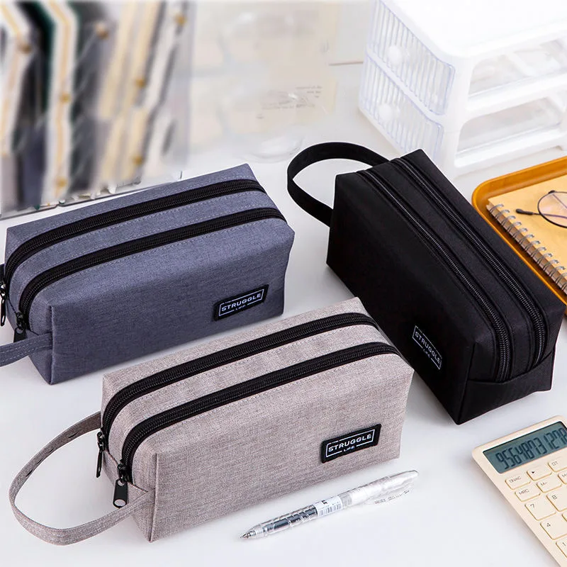 Double Layer Large Capacity Pencil Case Korean Style Minimalist Spacious Stationery bag Canvas kids struggle Multiple Storage