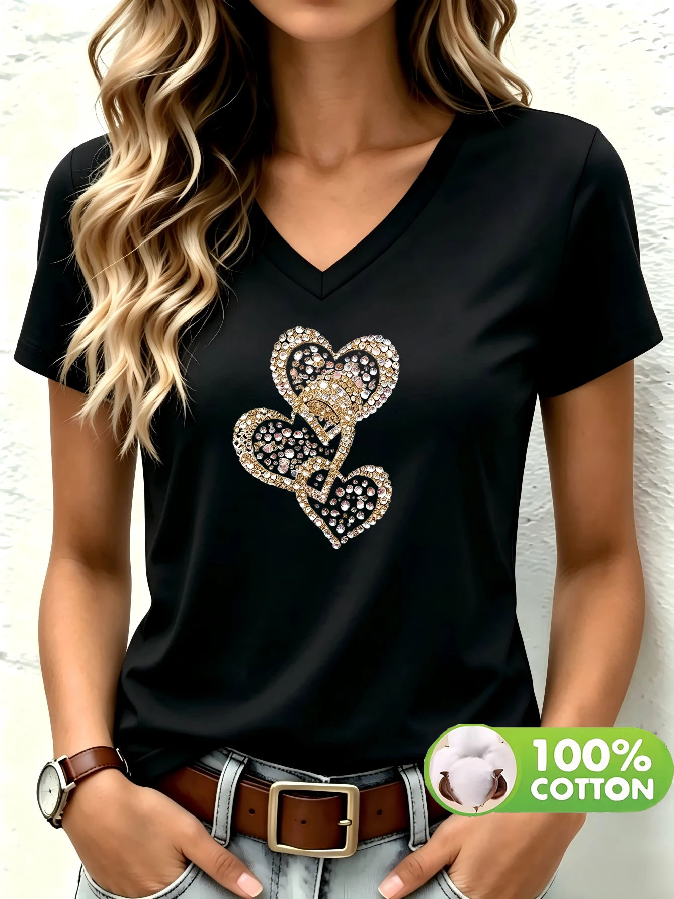 100% Cotton Material, 1 Pack, Women’s Solid-Colored Printed V-Neck T-Shirt, Cotton Fabric, Comfortable and Breathable.