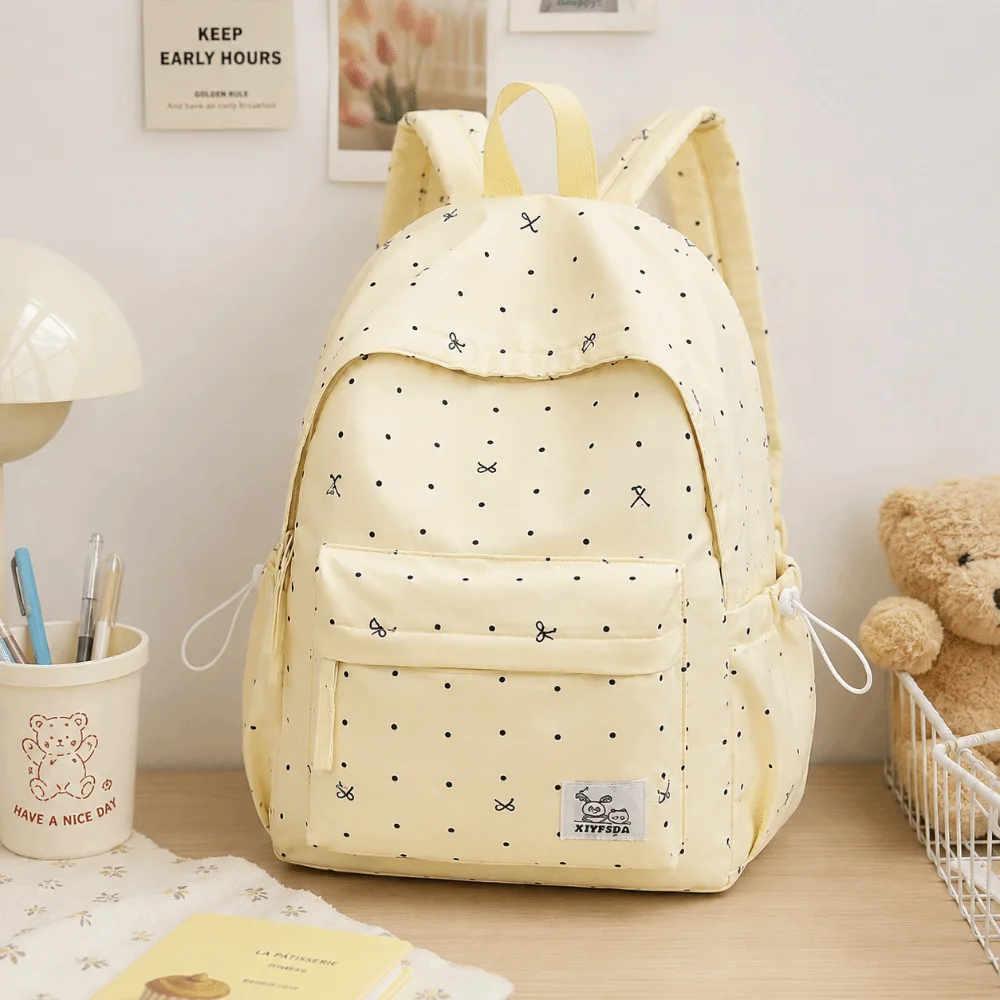 Trendy Lightweight Polka Dot Backpack Bowknot Casual Students Daypack Durable Versatile Large Capacity School Bag Travel