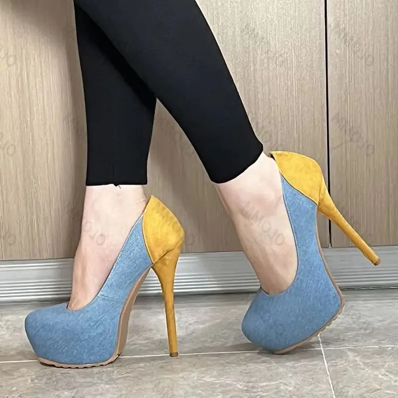 

Olomm 2021 Handmade Women Pumps Denim Sexy 16Cm Stiletto Heels Pumps Round Toe 9 Colors Casual Shoes Women US Size 5-20