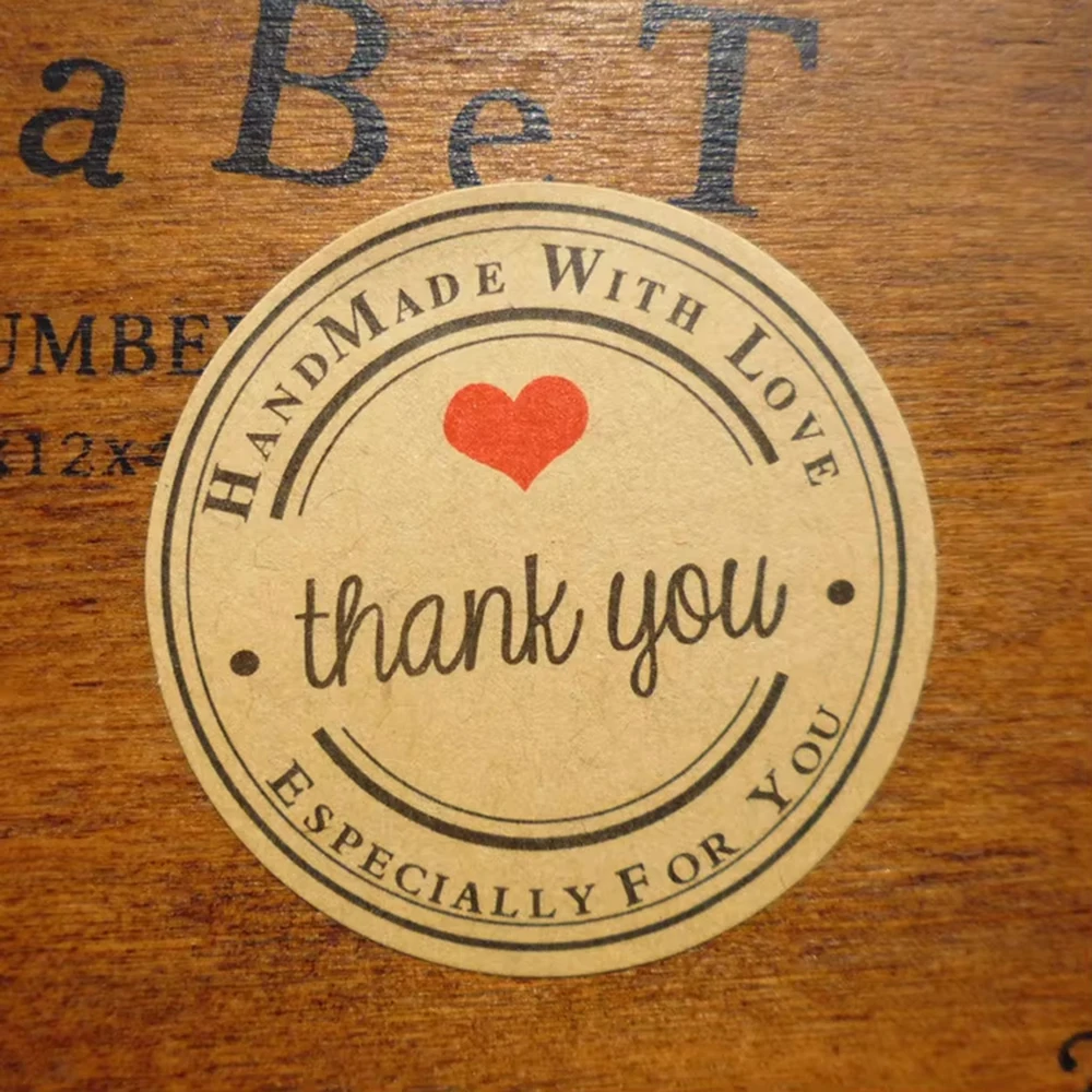 Pack of 120 Cute Brown Thank You  Handmade with love Round Stickers Packaging 1.5 inch