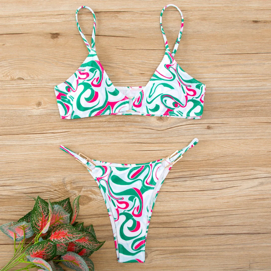 Sexy, gerippter, hoch geschnittener Bikini, Damen-Badeanzug, zweiteiliger Bikini mit Polsterung, Badebekleidung, Badeanzug, Damen-Bikini V7111 – Detail 36