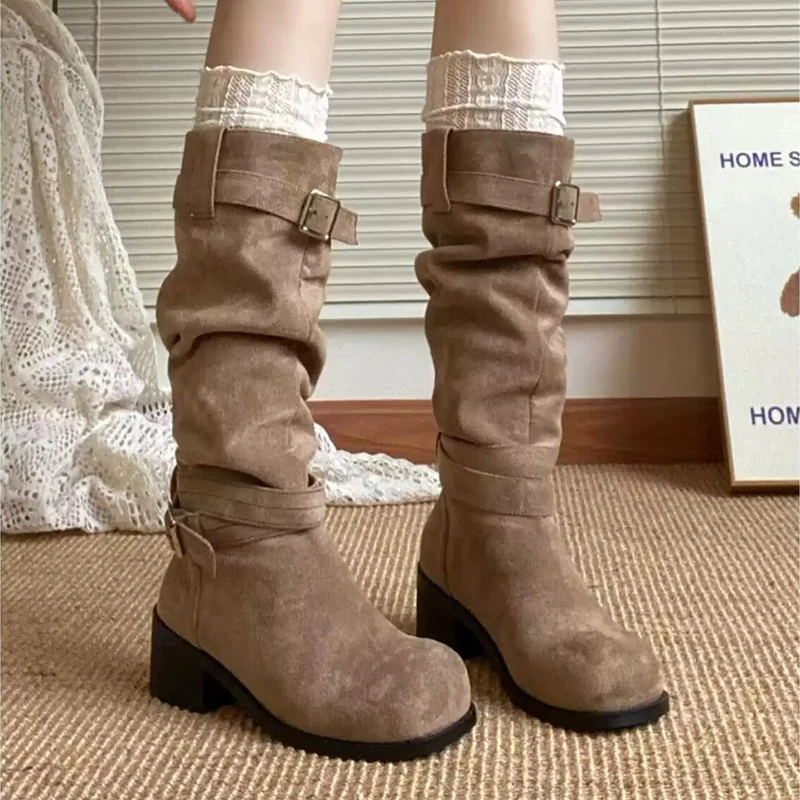 

Mid Calf Winter Women's Boots High Heels Elegant Woman Shoes Trend 2025 New Buckle Snow Boots Casual Chunky Chelsea Boots Mujer