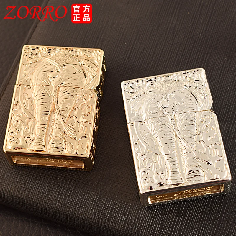 ZORRO Brass Six Toothed Divine Elephant Five Sided Relief Armor Kerosene Lighter Classic Grinding Wheel Ignite Lighters Smoking