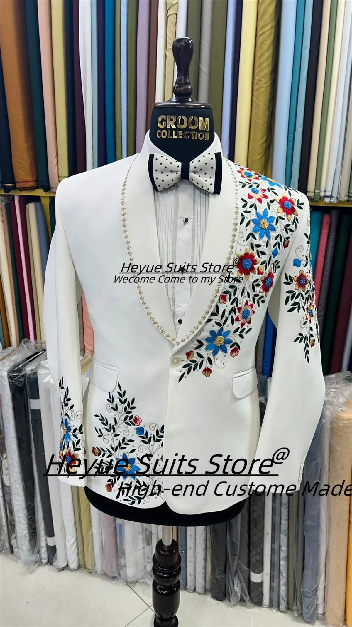 

Floral ivory embroidered Groom Wedding Tuxedos Customized Slim Fit Shawl Lapel Men Suits2Pcs Sets Formal Prom trajes para hombre