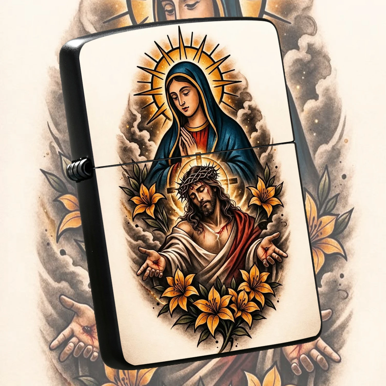 Vintage Religious Virgin Mary Praying Jesus Christ With Crown Of Thorns Stigmata Design Classic Tattoo Style Art Print Holy Lily Decor Faith Symbol Windproof For Believers Daily Use Collectible Religious Culture Commemorative Gift A Fun And