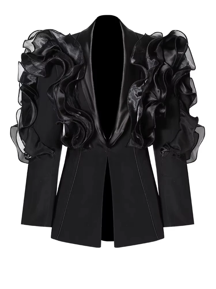 Feminino preto babados em forma elegante fino blazer nova lapela manga longa jaqueta moda maré primavera outono 2025 novos casacos e jaquetas