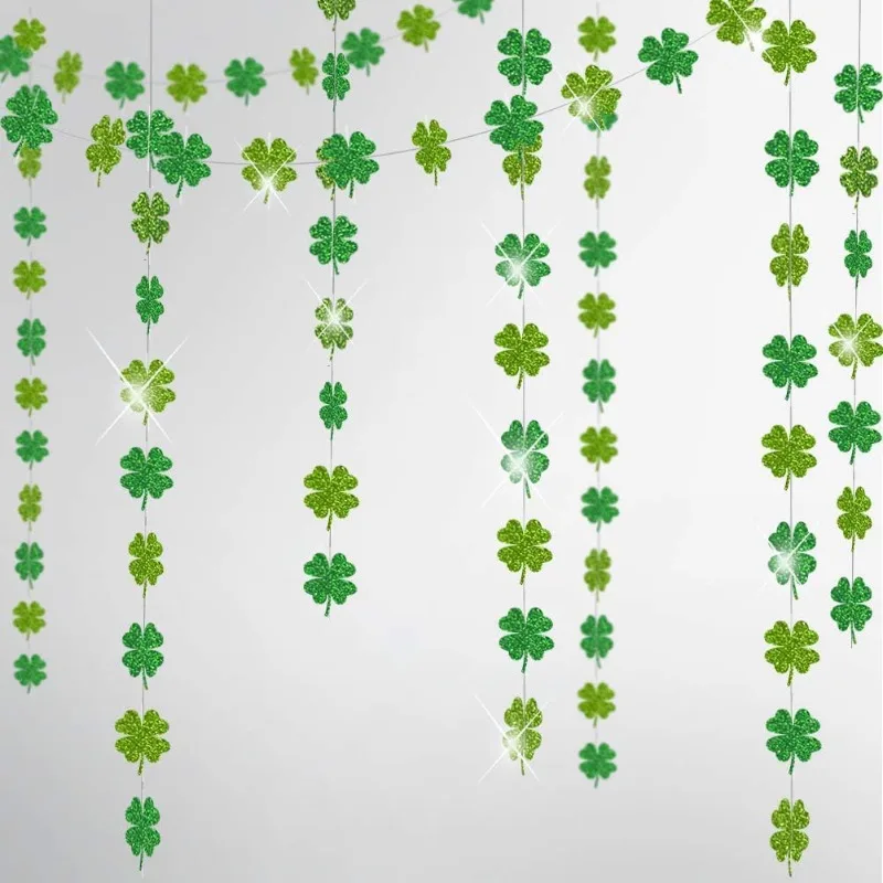 Green Glitter Shamrock Clover Hanging Garland Banner Backdrop for St Patricks Day Spring Birthday Tropical Irish Party Supplies