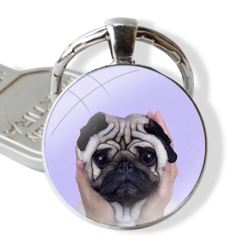 Funny Cute Pug Glass Metal Pendant Key Chain Classic Men Women Key Ring Accessories Jewelry Gifts