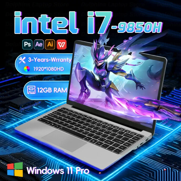 Intel Core i7 9850H 12GB RAM Windows 11 Pro Laptops Computer  1TB SSD Office Gamer Study notebook Computer PC 1920*1080