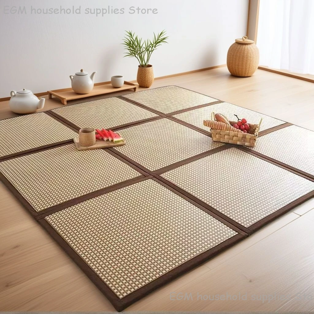 Rattan Patchwork Mat Tatami Folding Cool Carpet for Living Room Bedroom Bedside Bay Window Coffee Table Play Summer Rug Non-slip