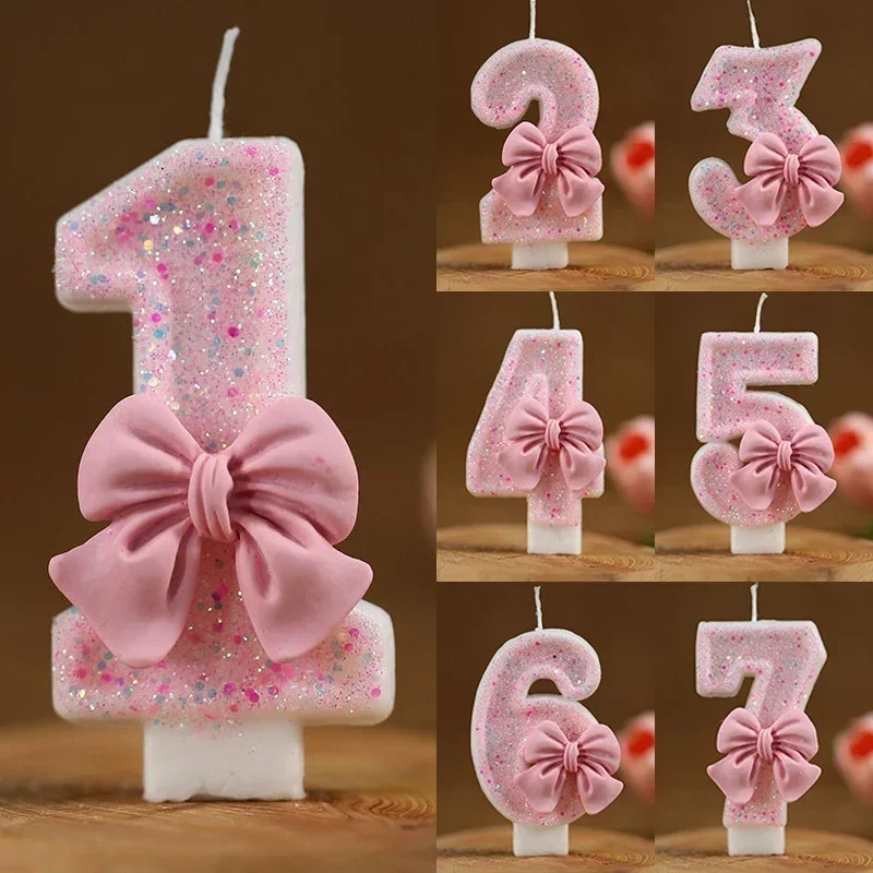 2025 Number Cake Candle Pink Glitter Birthday Candle 1 2 3 4 5 6 7 8 9 3D Number Candle Cake Topper Birthday Party Cake Decor