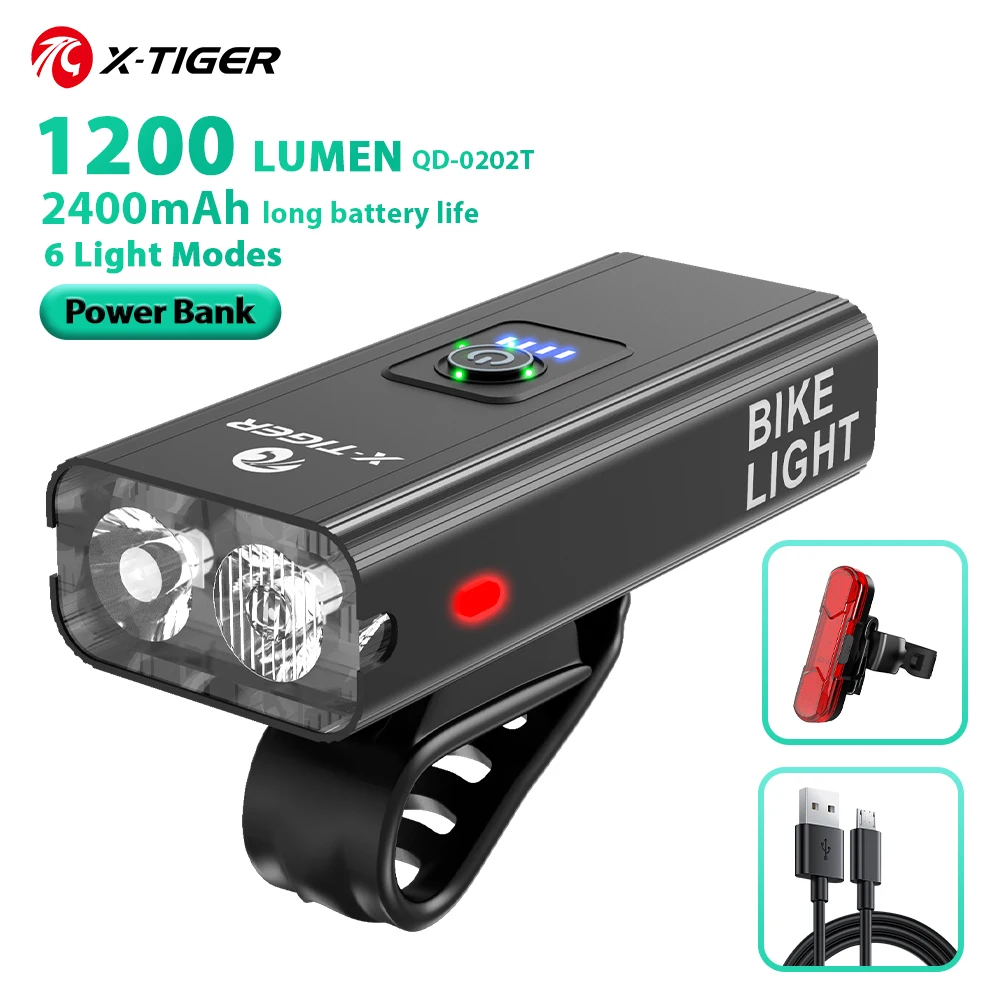 X-TIGER Luz de bicicleta A prueba de lluvia Carga USB LED Luces de ciclismo Lámpara delantera Faro de aluminio Linterna ultraligera Luz de bicicleta