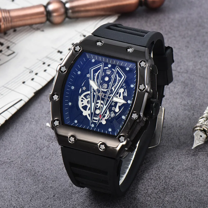 Skeleton Men\'s Watch Fashion Automatic Movement Barrel Luminous Waterproof Clock Sports Male\'s Silicone Strap Quartz Wristwatch