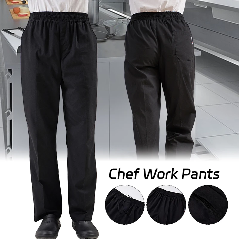 Zwarte Unisex Chef-Kok Service Uniform Chef De Partie Chef-Kok Lange Broek Elastische Restaurant Foodservice Uniform