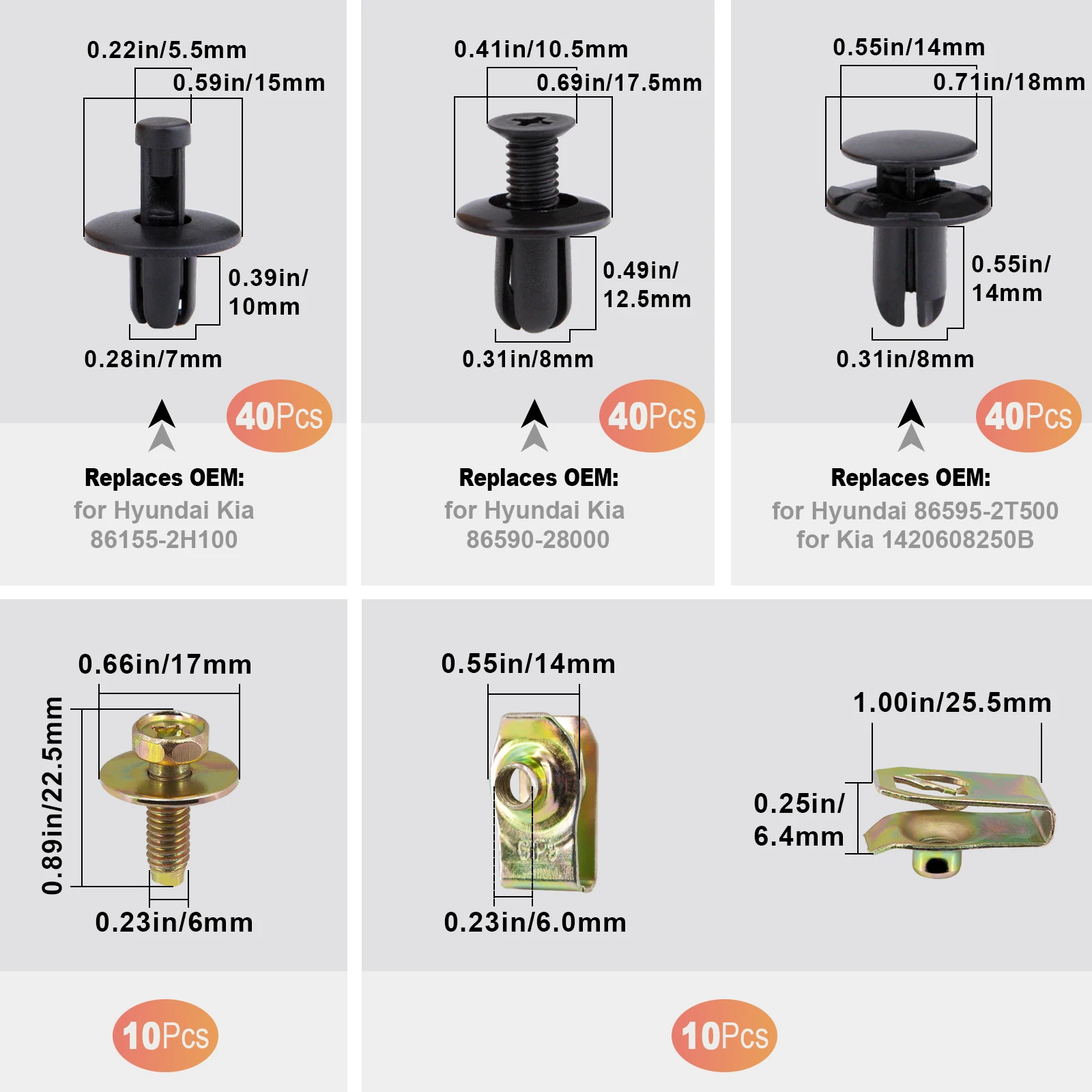 URMECCH Nylon Fastener Clips for Hyundai Kia Bumper Fender Liner Retainers Rivet Body Bolts U-Nuts Replace 86595-2T500 86590-280