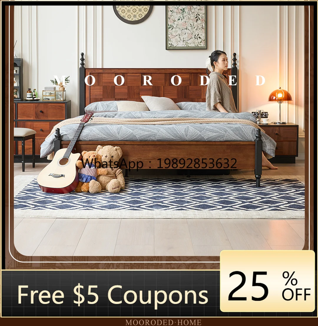 

LYY Vintage Style Bed Full Solid Wood French Retro Double Wabi-Sabi Master Bedroom Large Bed White Ash Wood 1.8m