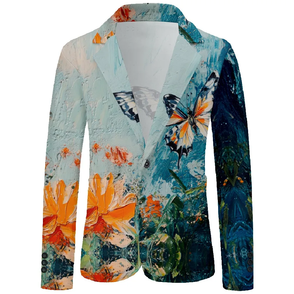 Men Blazer Purple Water Drop Gradient Print One Button Vintage Casual Coat Office Party Nightclub Jacket Slim Fit Blazers Outfit