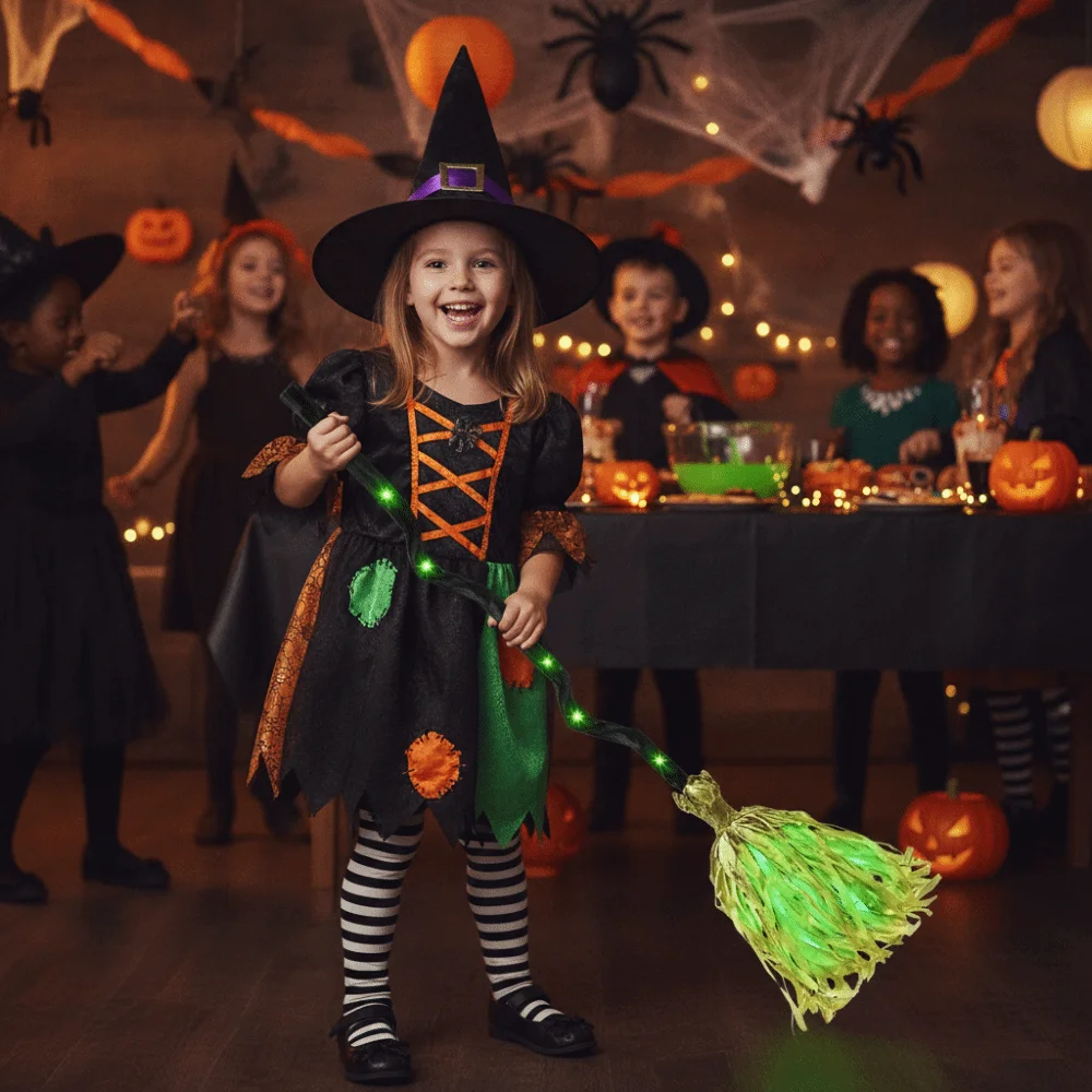 Glowing Animated Dancing Witch Broom Bendable Stick Movable Halloween Magic Witch Broomstick with Sounds Walking Feet