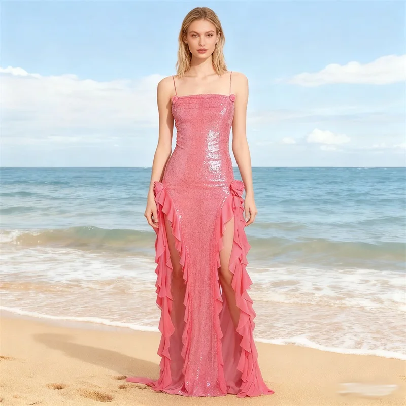 Glinsterende roze hoog-laag strandjurk voor dames met vloeiende sjerp, halterhals, split met ruches - Elegante zonsondergang maxi-jurk voor feestjes