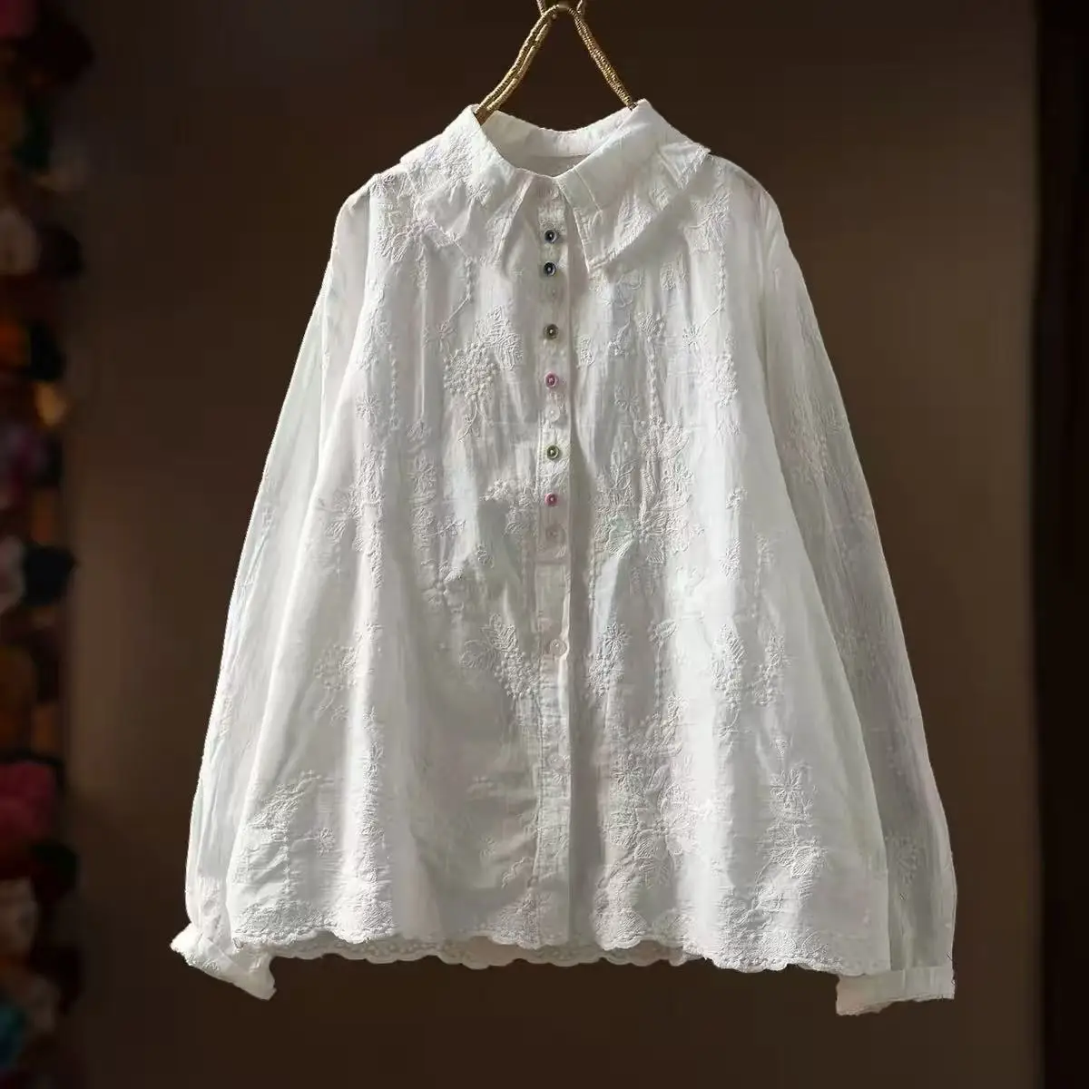 Women Cream White All‑Over Floral Eyelet Embroidery Blouse Point Collar Colorful Buttons Long Sleeve Cotton Shirt