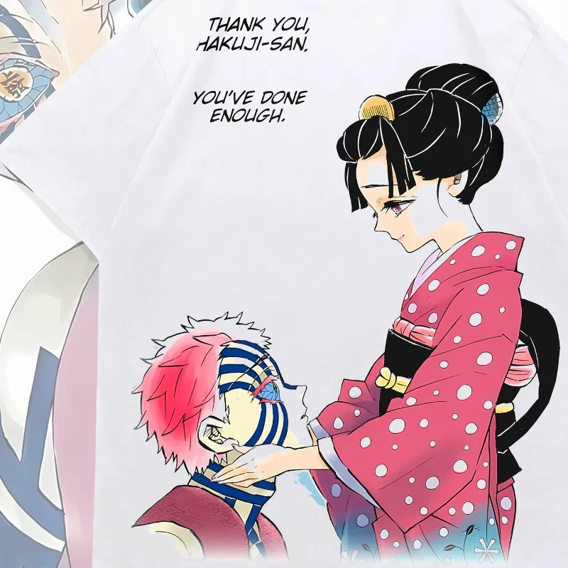 Demon Slayer Akaza & Koyuki Double Sided Print T-shirt, Oversized White Tee, Anime Manga Graphic Short Sleeve