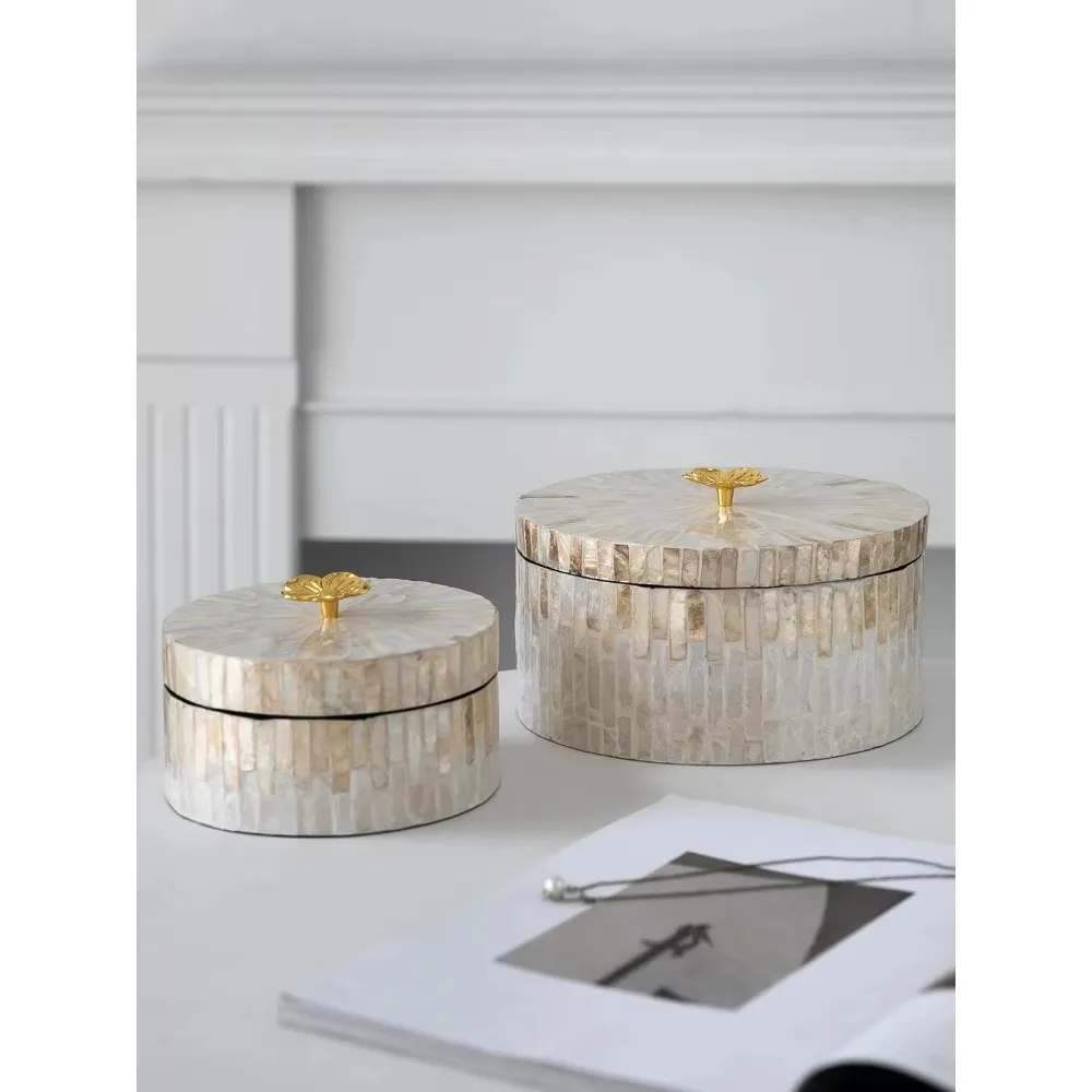Natural Mother of Pearl Jewelry Box Round Decorative Storage Organizer with Gold Knob Luxury Trinket Box for Rings Earrings