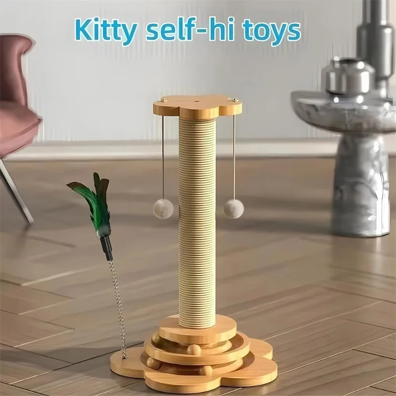 Toy Solid Wood Cat Turntable Funny Cat Stick Balls Durable Sisal Scratching Board Cat Supplies Cat Grab Column image 2