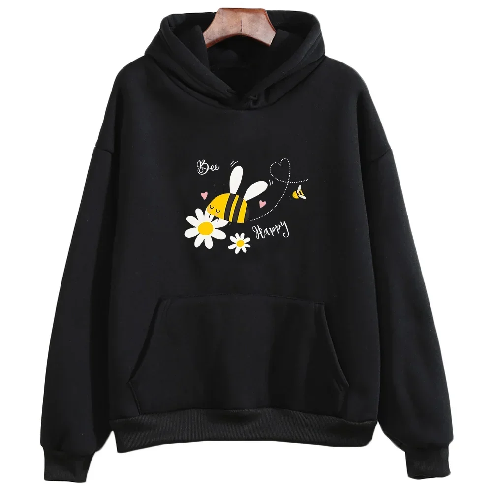 Bee Happy Lovely Hooded Pullovers Women and Men Cute Graphic Hoodie Casual Autumn/winter Loose Sweatshirt Cartoon Comic