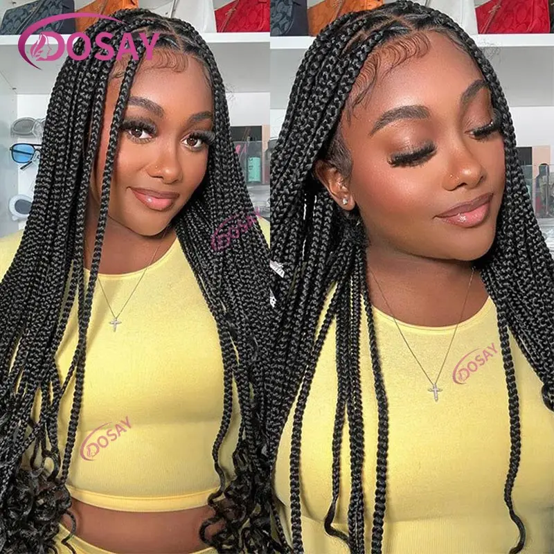 Synthetic Knotless Box Full Lace Front Braided Wigs with Curly Ends 28 Inch Black Cornrow Transparent Braids Wig for Black Women