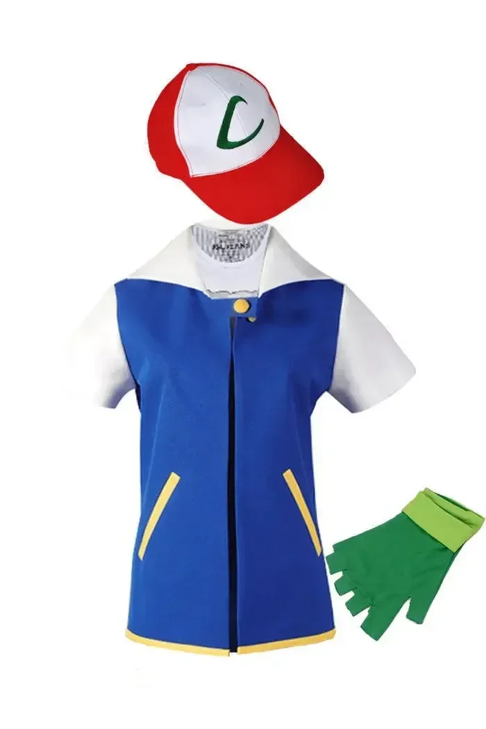 Neue blaue Jacke Pokemon Männer Cosplay Kostüm Jungen Ash Ketchum für Halloween Party Trainer Handschuhe und Mütze Set Anime Weihnachtsgeschenk