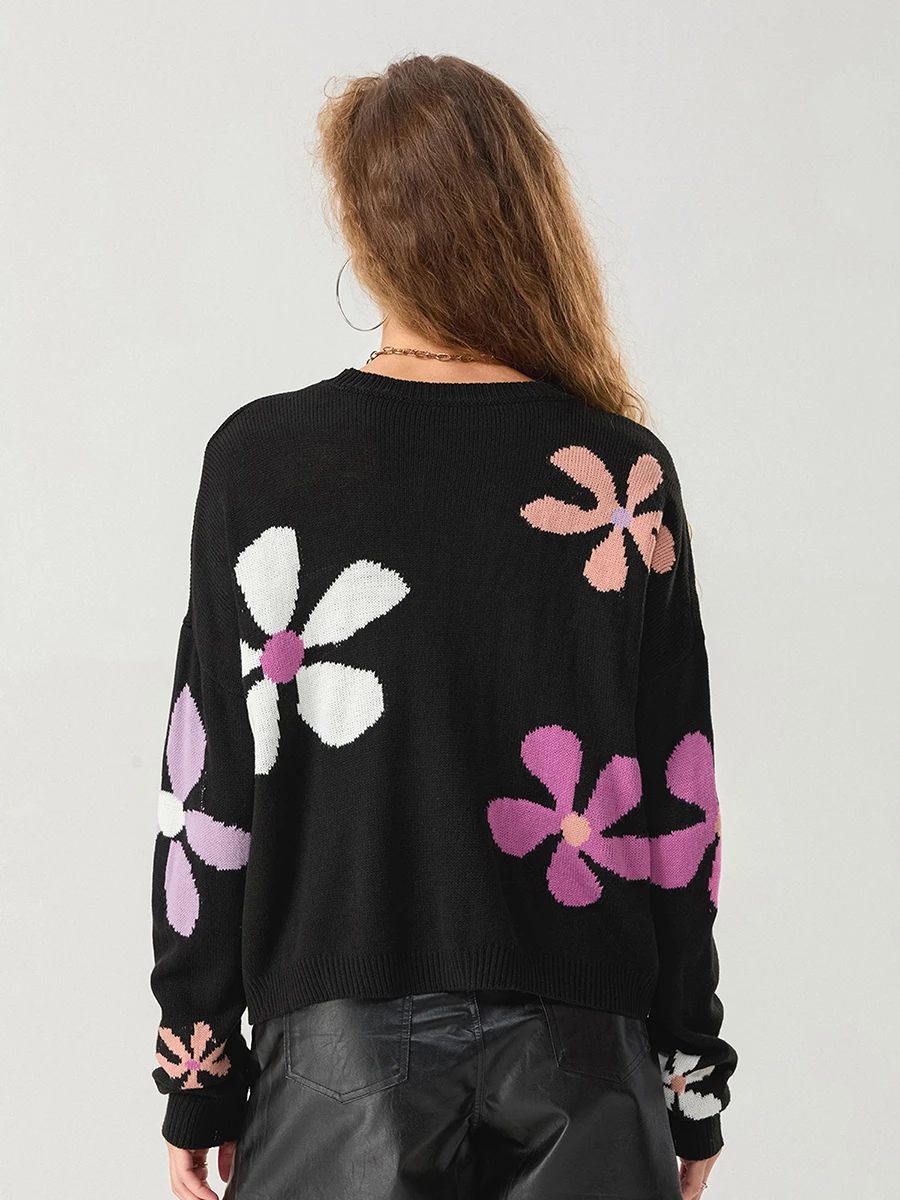 Dames Sweaters Met Bloemenprint Lange Mouwen Ronde Hals Drop Shoulover Losse Gebreide Pullover Tops