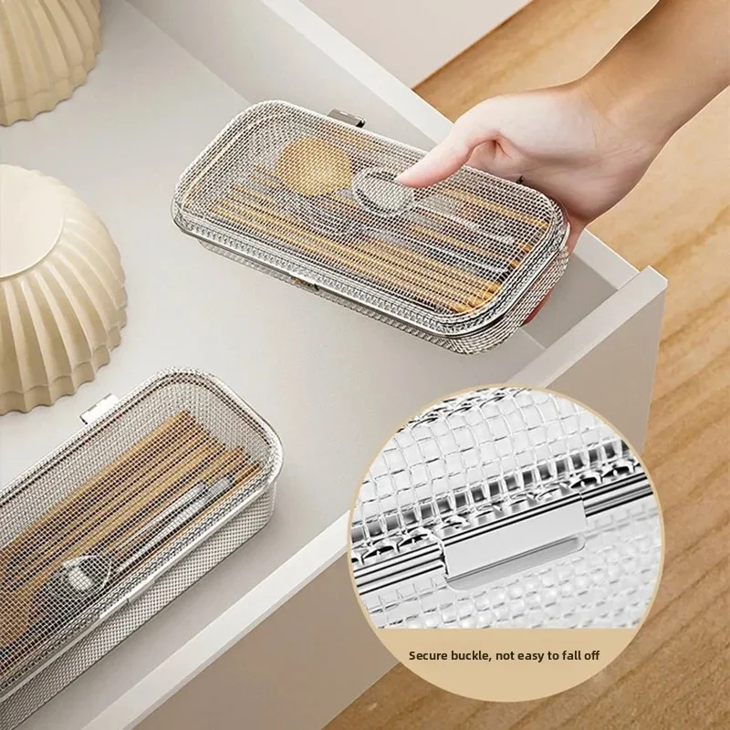 304 Stainless Steel Mesh Cutlery Box Cleaning Basket for Dishwasher Small Items Kitchen Tools Spoons Chopsticks Basket Storage