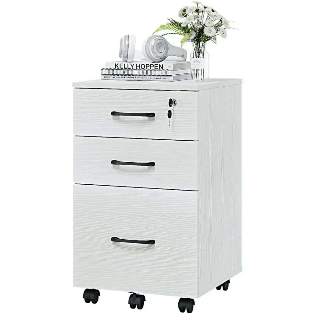 3 Drawer Wood Mobile File Cabinet, Under Desk Storage Drawers Small File Cabinet for Home Office (White)