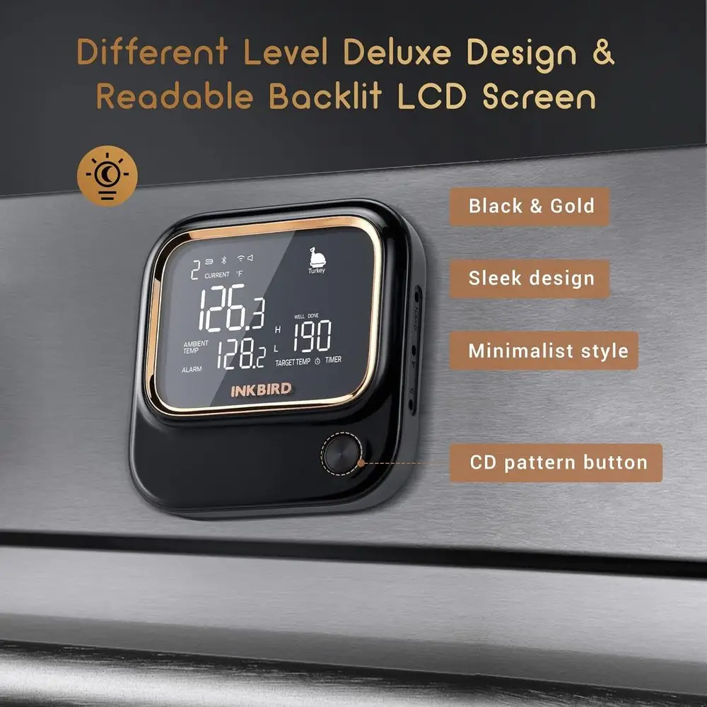 Grill Meat Thermometer with 4 Probes, Wireless APP Control, Alarm Timer, Backlit LCD, Rechargeable