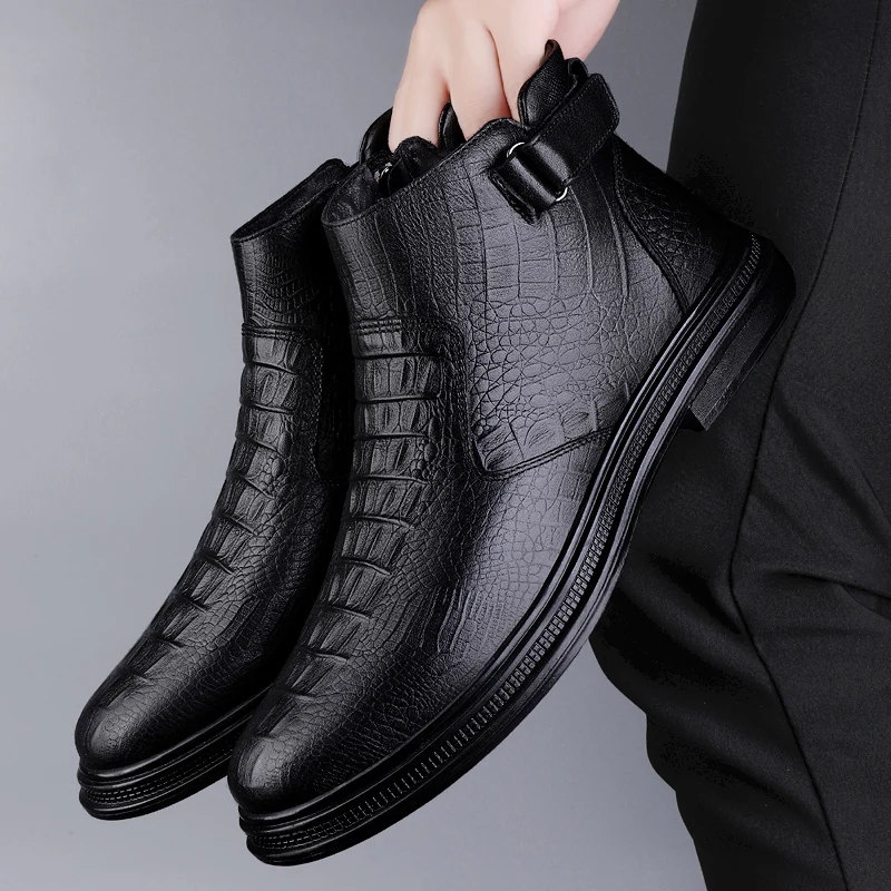 New Fashion Trends Mens Chelsea Boots Genuine Leather Ankle Boots Slip-on Man Business Shoes Cowhide Boots Fur Warm Winter Boots