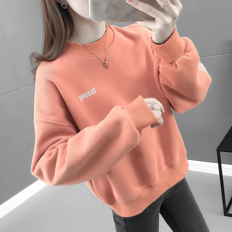 Solid Color Printing Letter Short Sweatshirts Women High-quality Long Sleeve Plush and Thicken Autumn Winter All-match Top 2022